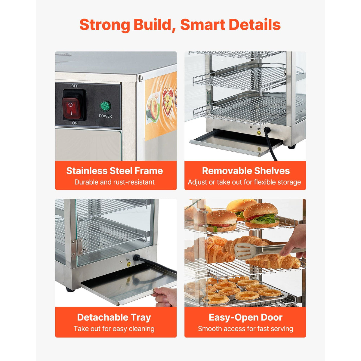 3-Tier Commercial Food Warmer Display, 800W Food Display Warmer with LED Light, Adjustable Shelf and Stainless Steel Frame, 86-185 Fahrenheit Air Heating, 60L for Hamburger, Pizza, Bread