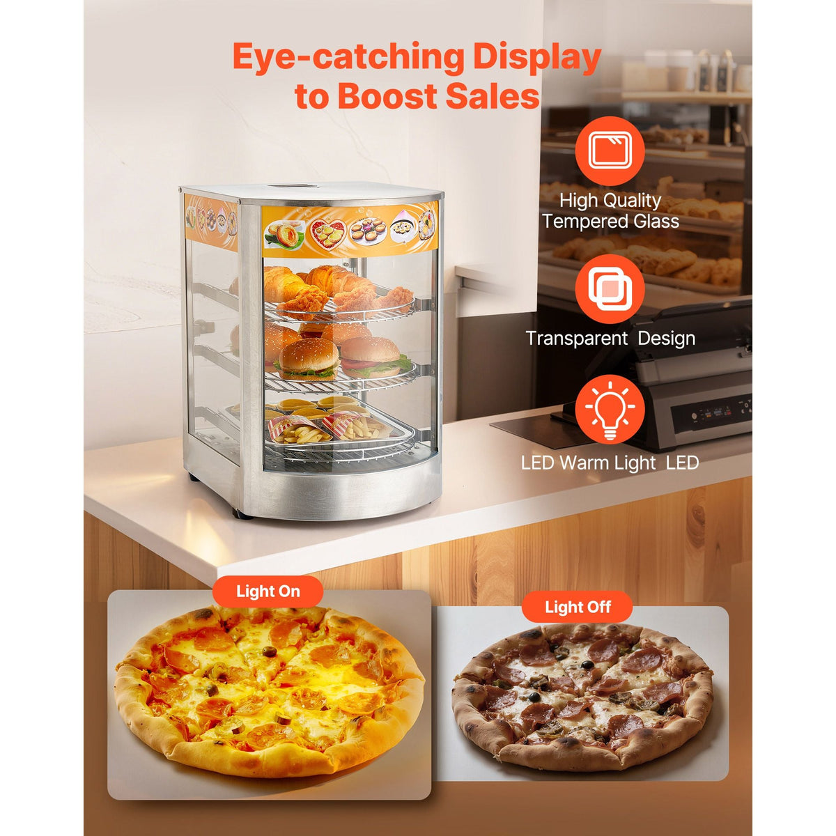 3-Tier Commercial Food Warmer Display, 800W Food Display Warmer with LED Light, Adjustable Shelf and Stainless Steel Frame, 86-185 Fahrenheit Air Heating, 60L for Hamburger, Pizza, Bread