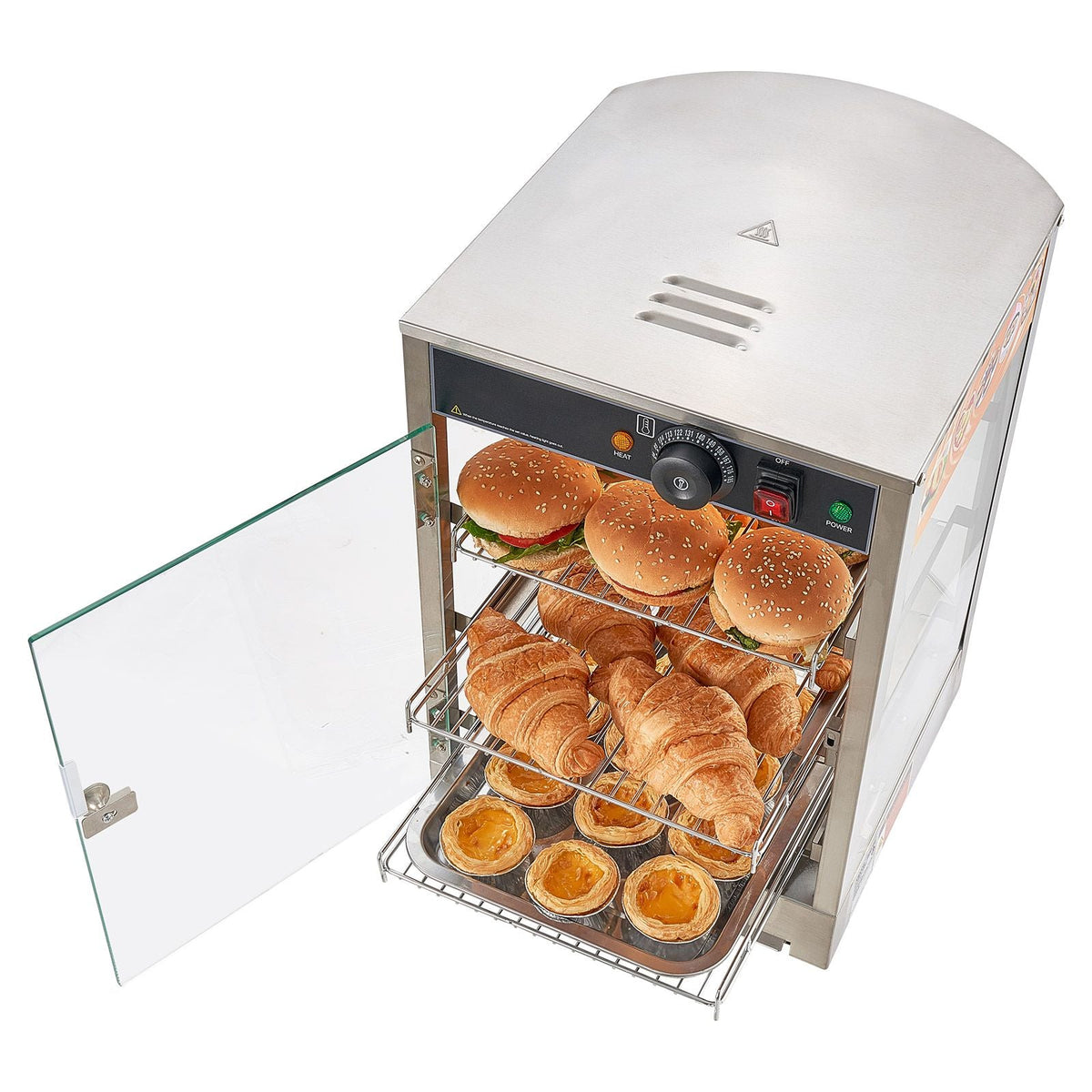 3-Tier Commercial Food Warmer Display, 800W Food Display Warmer with LED Light, Adjustable Shelf and Stainless Steel Frame, 86-185 Fahrenheit Air Heating, 60L for Hamburger, Pizza, Bread