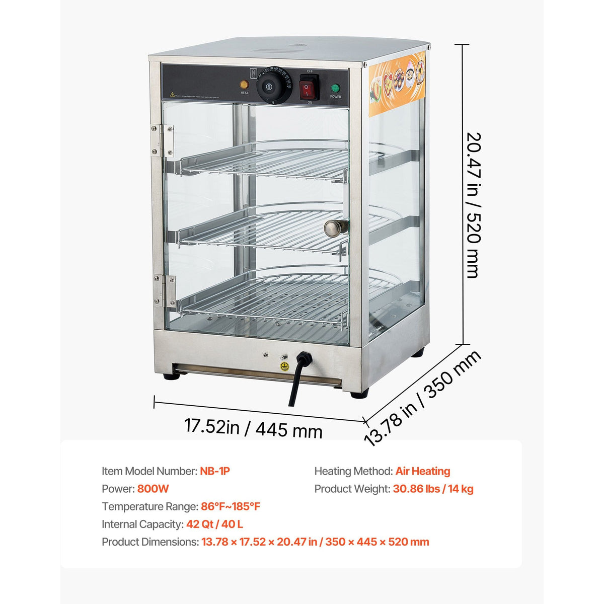 3-Tier Commercial Food Warmer Display, 800W Food Display Warmer with LED Light, Adjustable Shelf and Stainless Steel Frame, 86-185 Fahrenheit Air Heating, 60L for Hamburger, Pizza, Bread