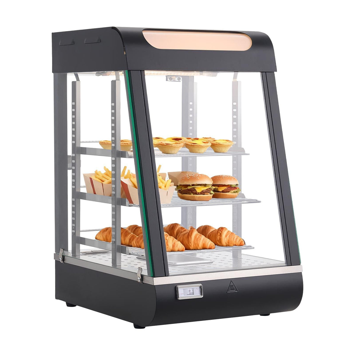 3-Tier Commercial Food Warmer Display, 800W Food Display Warmer with LED Light, Top Storage and Adjustable Shelves, 86-185 Fahrenheit Steam Heating, 60 Qt /57L for Hamburger, Pizza, Bread