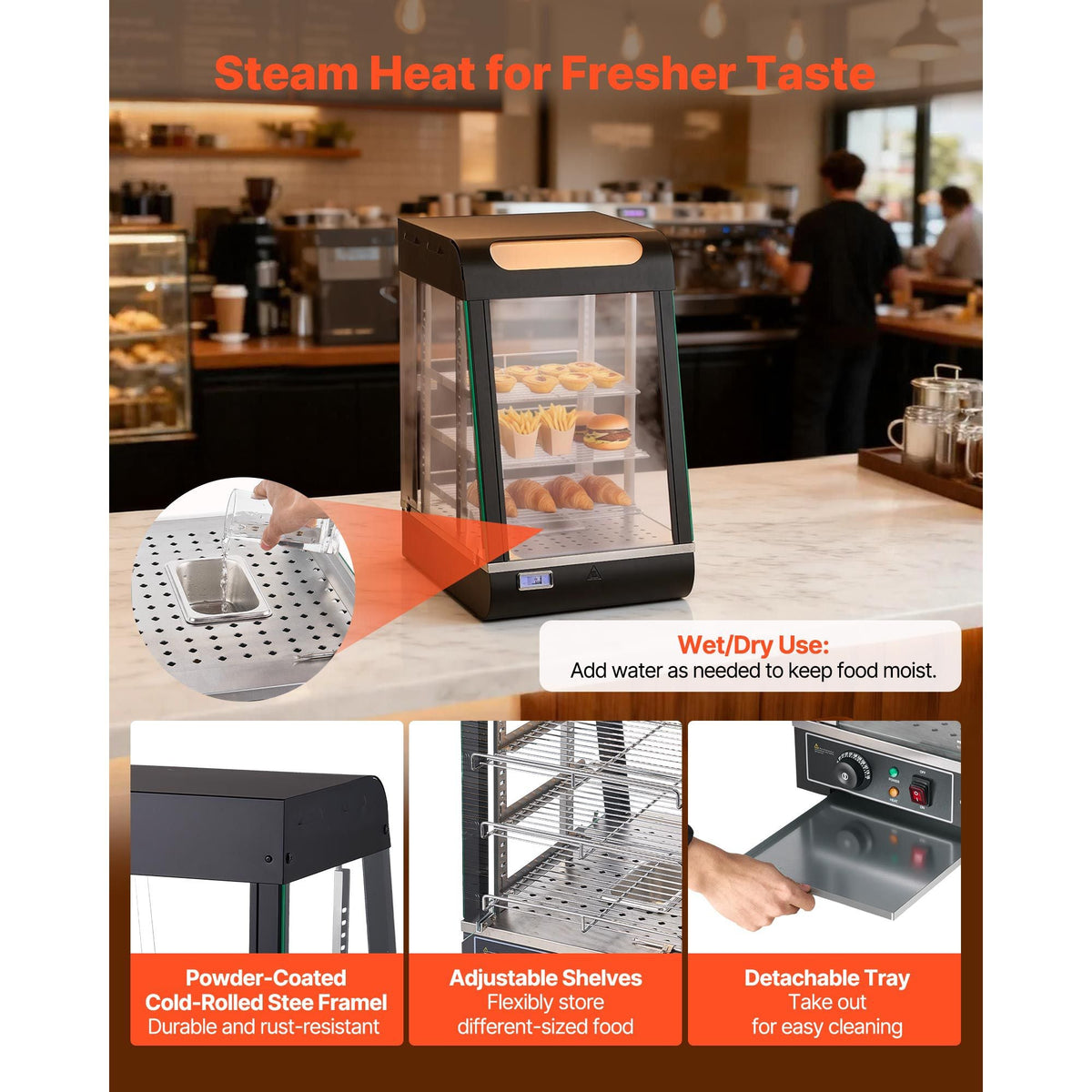 3-Tier Commercial Food Warmer Display, 800W Food Display Warmer with LED Light, Top Storage and Adjustable Shelves, 86-185 Fahrenheit Steam Heating, 60 Qt /57L for Hamburger, Pizza, Bread