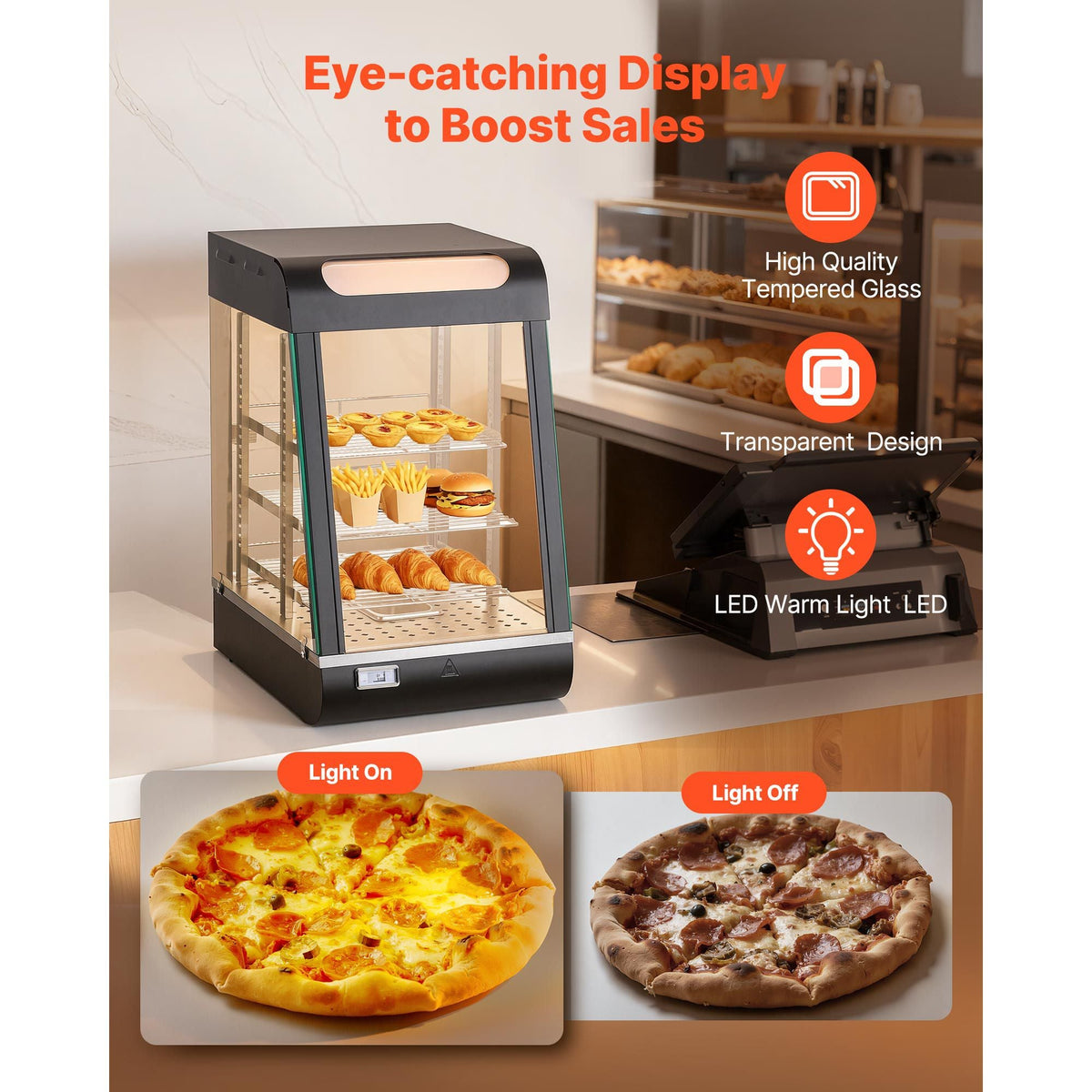 3-Tier Commercial Food Warmer Display, 800W Food Display Warmer with LED Light, Top Storage and Adjustable Shelves, 86-185 Fahrenheit Steam Heating, 60 Qt /57L for Hamburger, Pizza, Bread