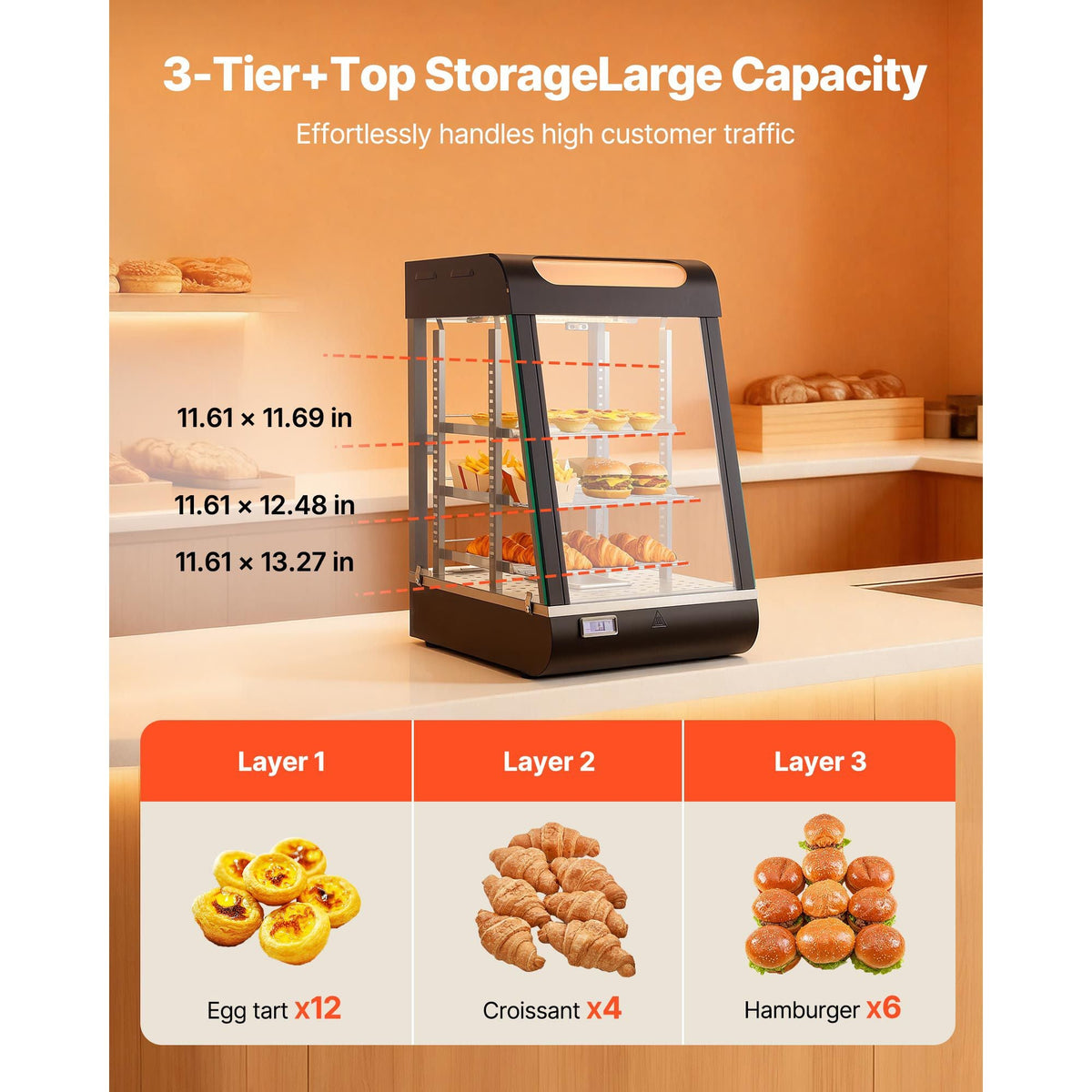 3-Tier Commercial Food Warmer Display, 800W Food Display Warmer with LED Light, Top Storage and Adjustable Shelves, 86-185 Fahrenheit Steam Heating, 60 Qt /57L for Hamburger, Pizza, Bread