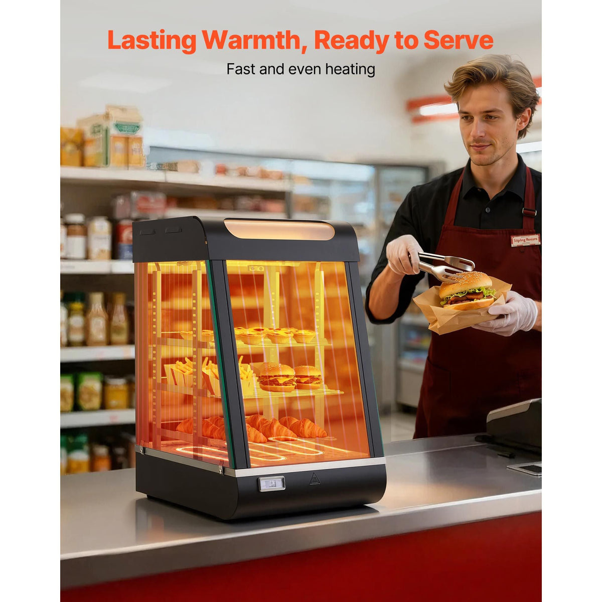 3-Tier Commercial Food Warmer Display, 800W Food Display Warmer with LED Light, Top Storage and Adjustable Shelves, 86-185 Fahrenheit Steam Heating, 60 Qt /57L for Hamburger, Pizza, Bread