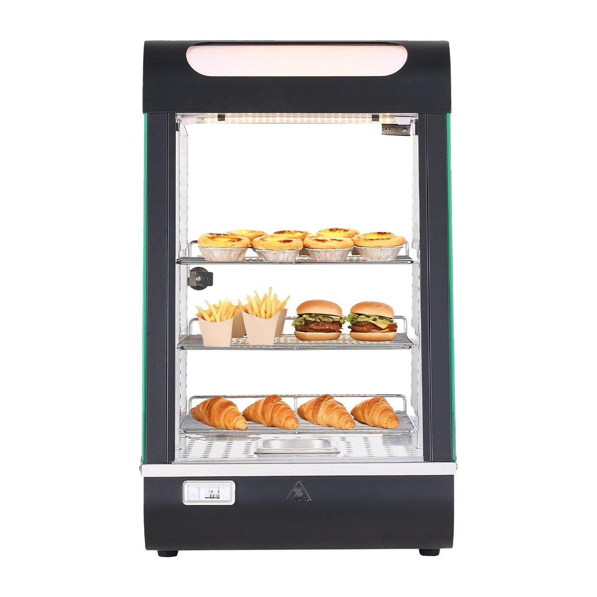3-Tier Commercial Food Warmer Display, 800W Food Display Warmer with LED Light, Top Storage and Adjustable Shelves, 86-185 Fahrenheit Steam Heating, 60 Qt /57L for Hamburger, Pizza, Bread