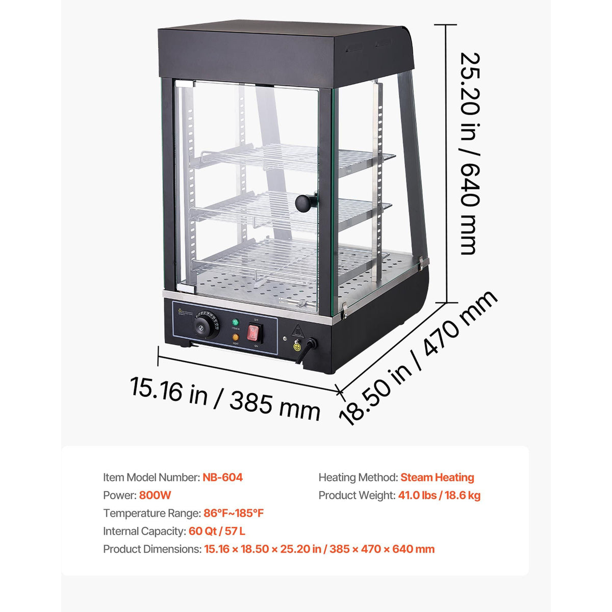 3-Tier Commercial Food Warmer Display, 800W Food Display Warmer with LED Light, Top Storage and Adjustable Shelves, 86-185 Fahrenheit Steam Heating, 60 Qt /57L for Hamburger, Pizza, Bread