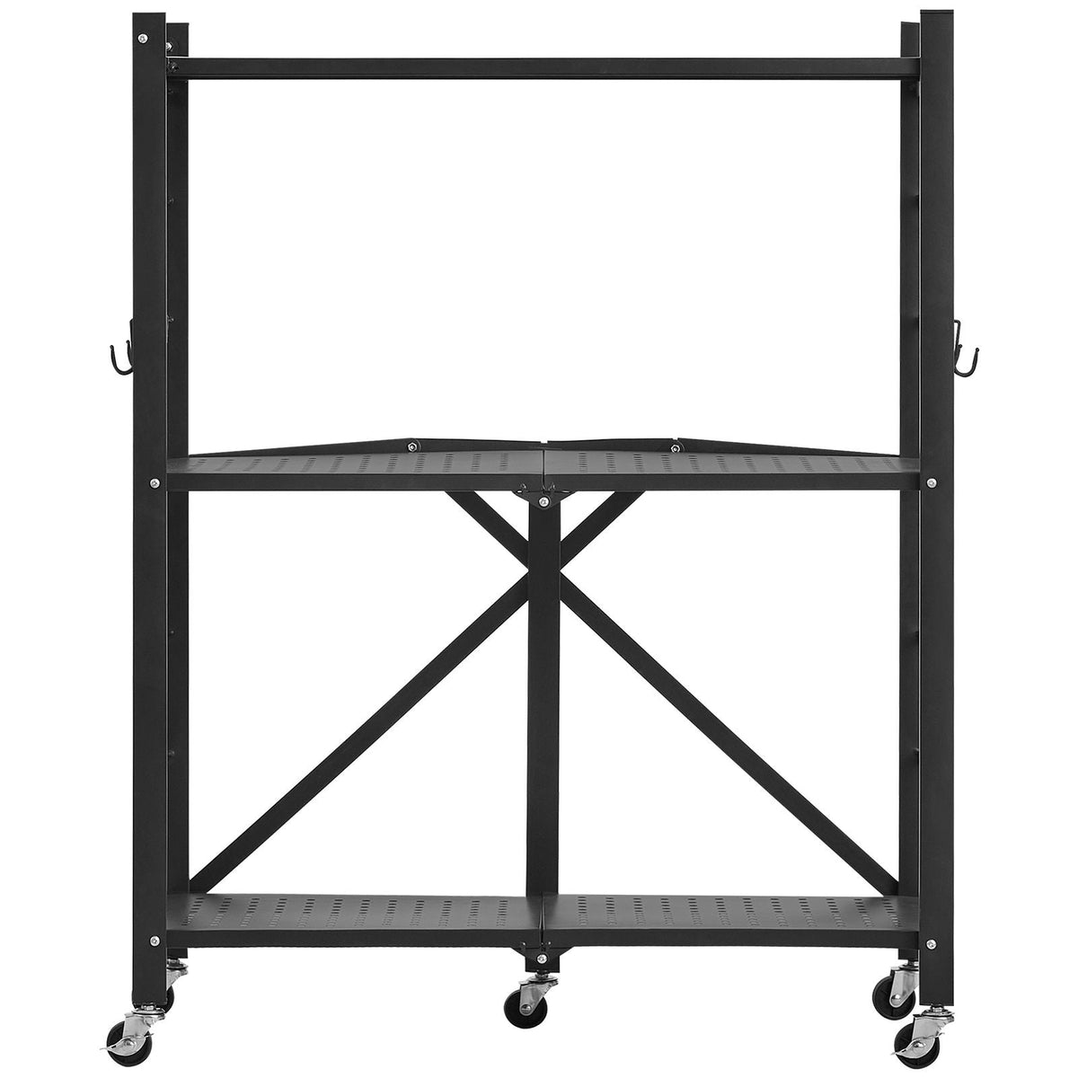 3-Tier Foldable Storage Shelf, 28W x 13D x 36H Inch Folding Metal Rack Shelving Unit, No Assembly Organizer Shelf with 5 Wheels & 4 Hooks for Pantry, Kitchen, Garage, Basement, Black