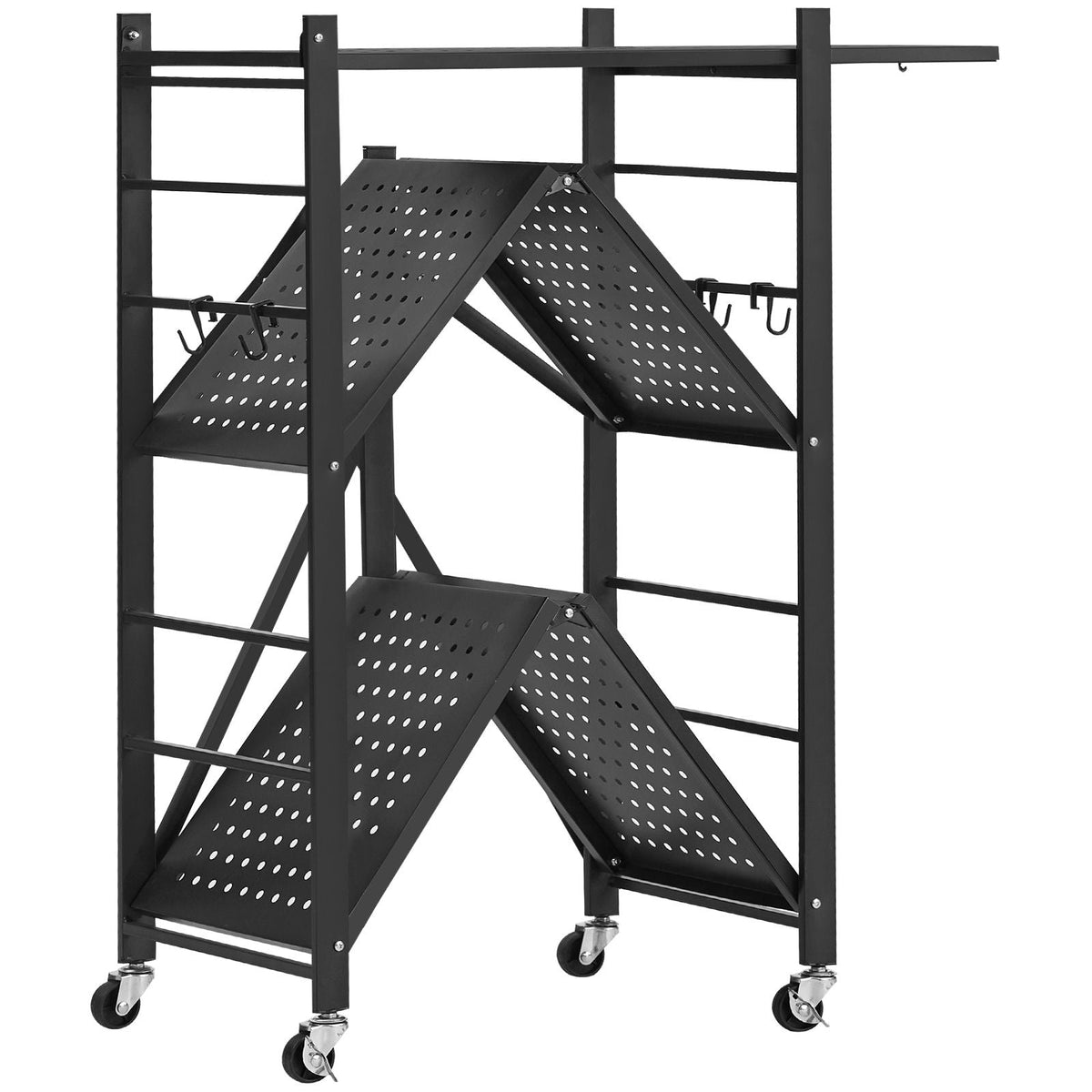 3-Tier Foldable Storage Shelf, 28W x 13D x 36H Inch Folding Metal Rack Shelving Unit, No Assembly Organizer Shelf with 5 Wheels & 4 Hooks for Pantry, Kitchen, Garage, Basement, Black