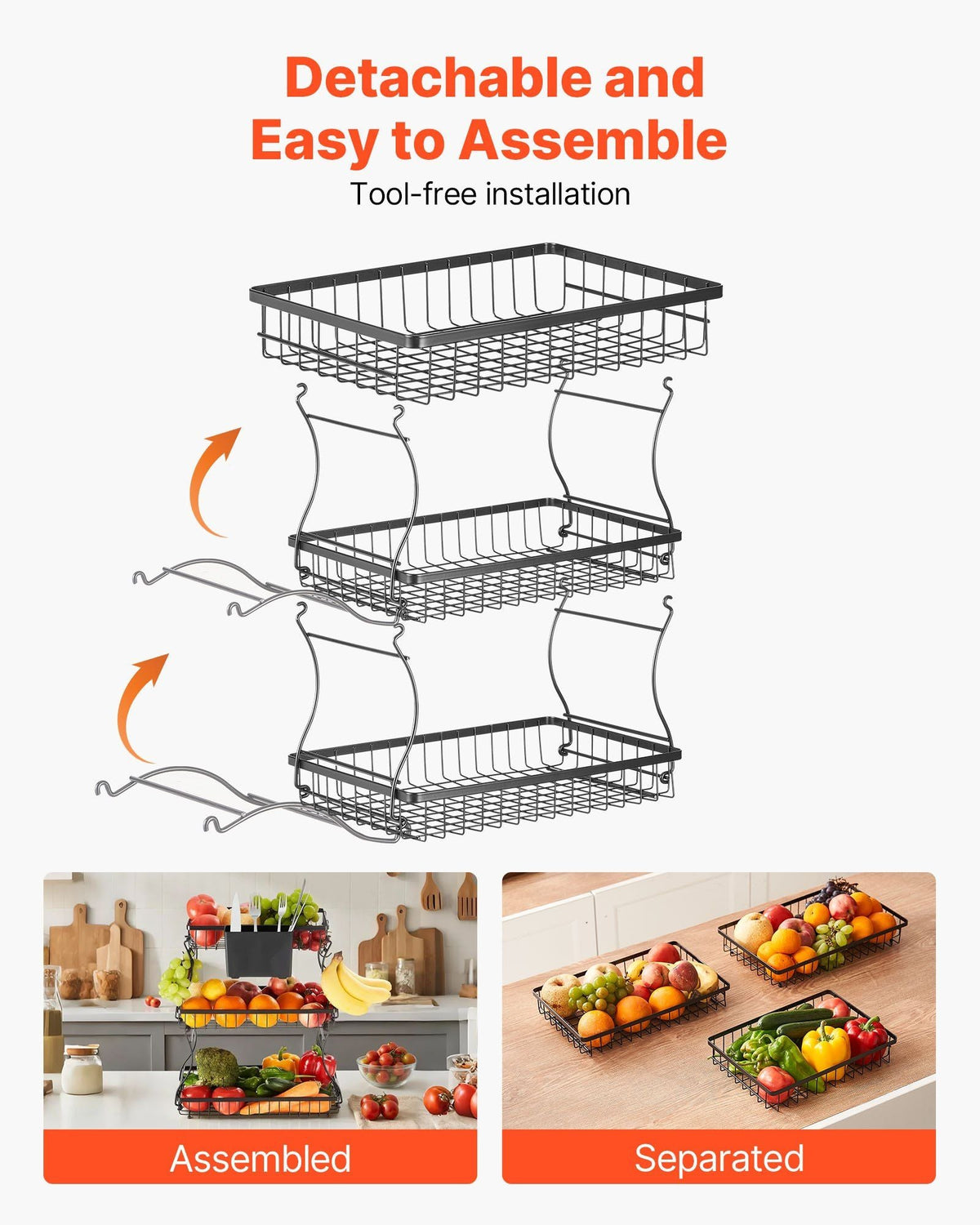 3 Tier Fruit Basket Bowl Kitchen Countertop Storage Stand Holder Banana Hanger