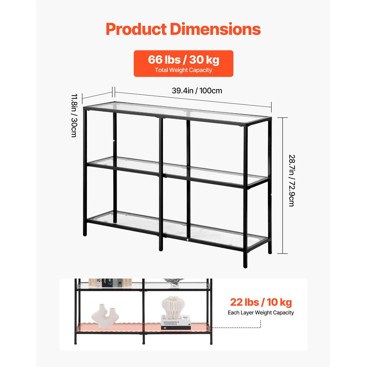 3-Tier Glass Console Table, Modern Rectangle Sofa Side Table with Tempered Glass Top and Iron Legs, Golden Consloe Desk with Anti-Tip Device for Living Room, Hallway, Entryway, Foyer, Black