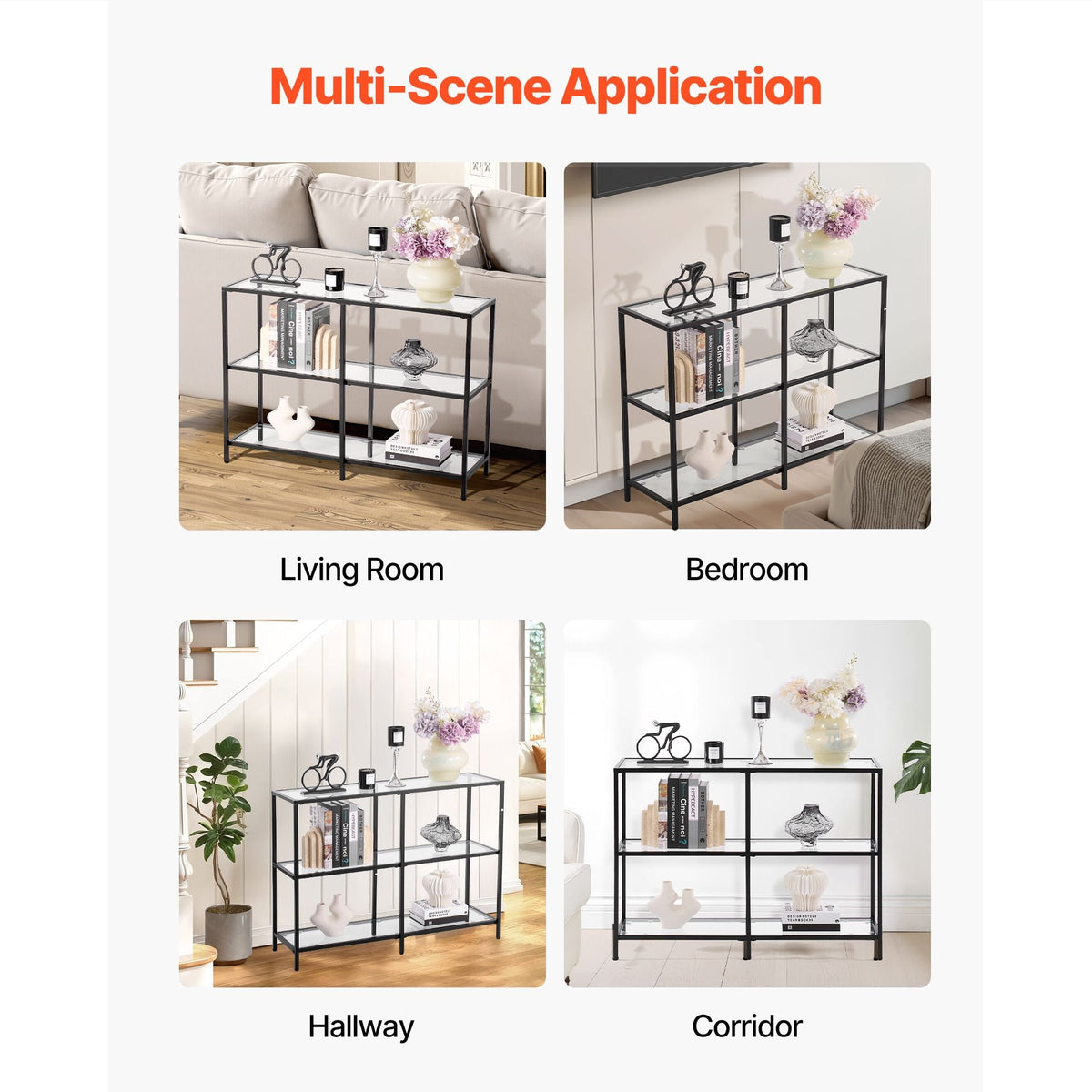 3-Tier Glass Console Table, Modern Rectangle Sofa Side Table with Tempered Glass Top and Iron Legs, Golden Consloe Desk with Anti-Tip Device for Living Room, Hallway, Entryway, Foyer, Black