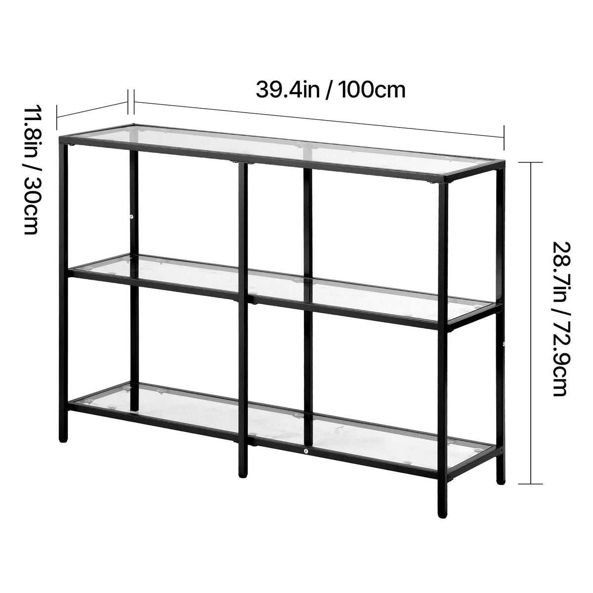 3-Tier Glass Console Table, Modern Rectangle Sofa Side Table with Tempered Glass Top and Iron Legs, Golden Consloe Desk with Anti-Tip Device for Living Room, Hallway, Entryway, Foyer, Black