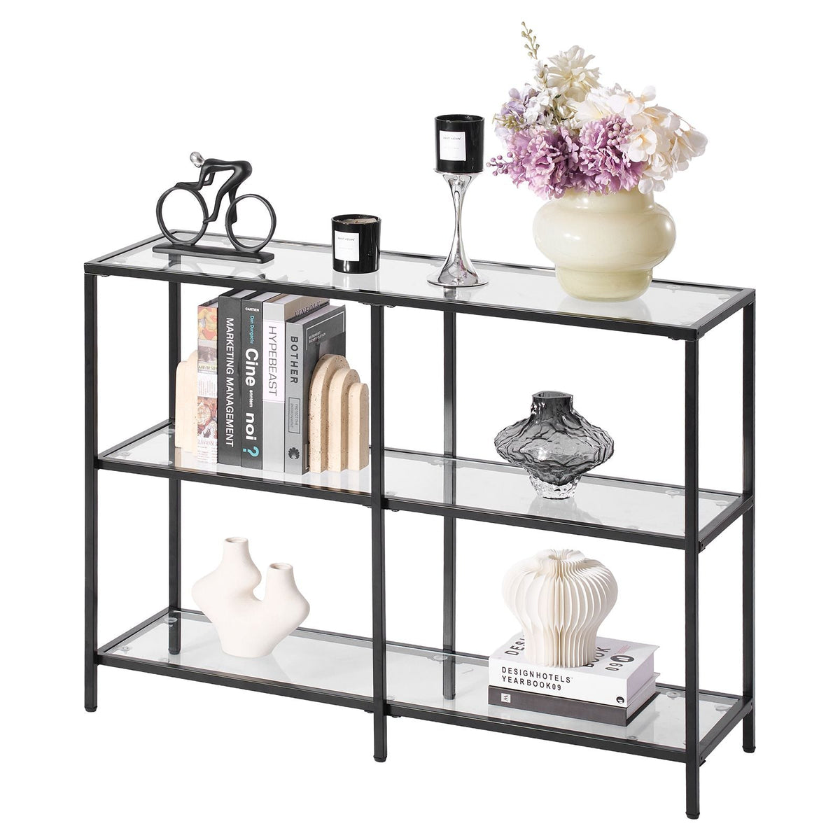 3-Tier Glass Console Table, Modern Rectangle Sofa Side Table with Tempered Glass Top and Iron Legs, Golden Consloe Desk with Anti-Tip Device for Living Room, Hallway, Entryway, Foyer, Black