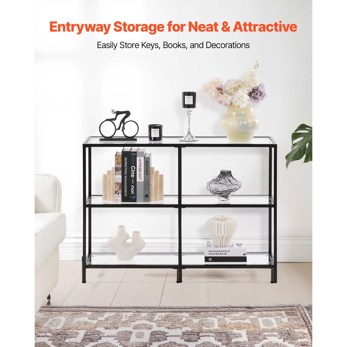 3-Tier Glass Console Table, Modern Rectangle Sofa Side Table with Tempered Glass Top and Iron Legs, Golden Consloe Desk with Anti-Tip Device for Living Room, Hallway, Entryway, Foyer, Black