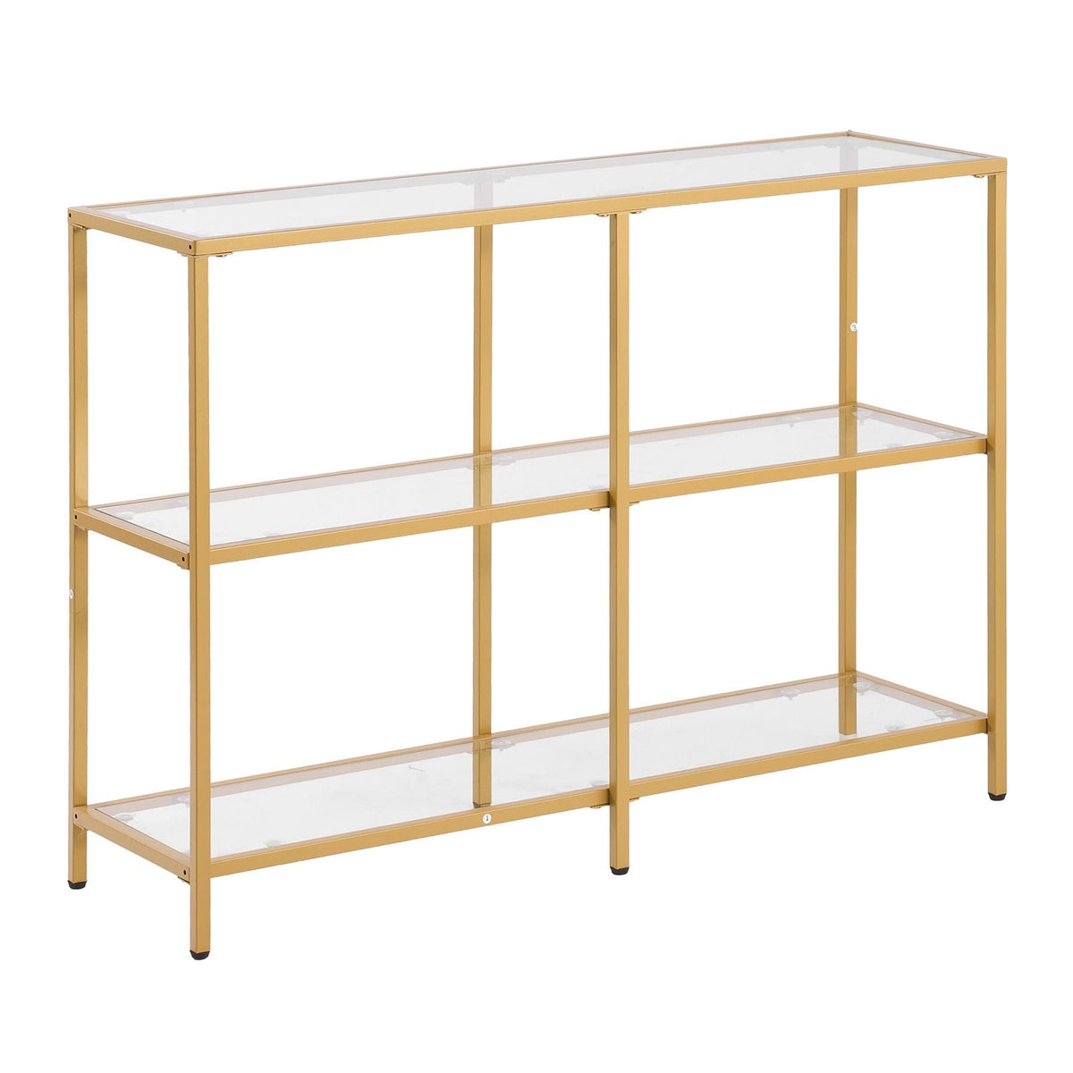 3-Tier Glass Console Table, Modern Rectangle Sofa Side Table with Tempered Glass Top and Iron Legs, Golden Consloe Desk with Anti-Tip Device for Living Room, Hallway, Entryway, Foyer, Golden
