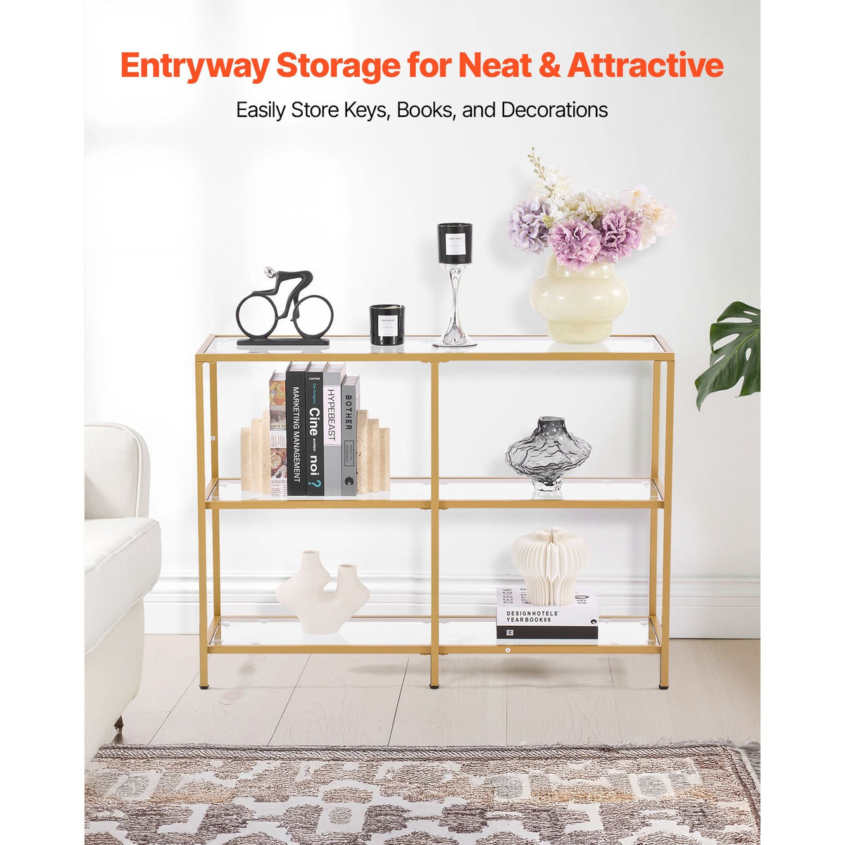 3-Tier Glass Console Table, Modern Rectangle Sofa Side Table with Tempered Glass Top and Iron Legs, Golden Consloe Desk with Anti-Tip Device for Living Room, Hallway, Entryway, Foyer, Golden