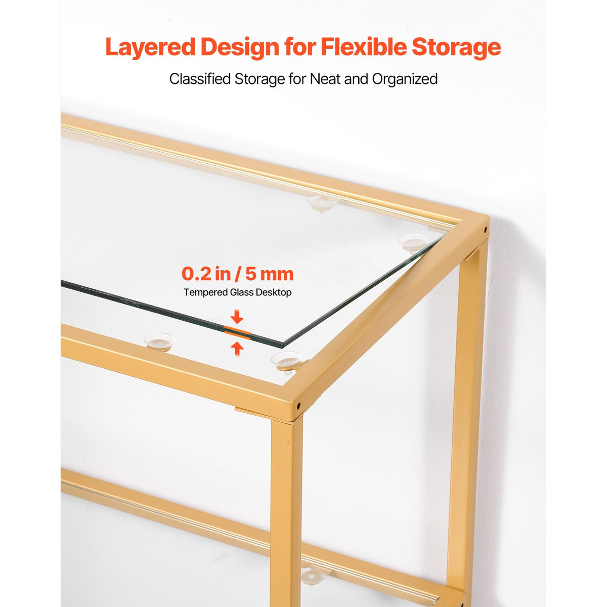 3-Tier Glass Console Table, Modern Rectangle Sofa Side Table with Tempered Glass Top and Iron Legs, Golden Consloe Desk with Anti-Tip Device for Living Room, Hallway, Entryway, Foyer, Golden