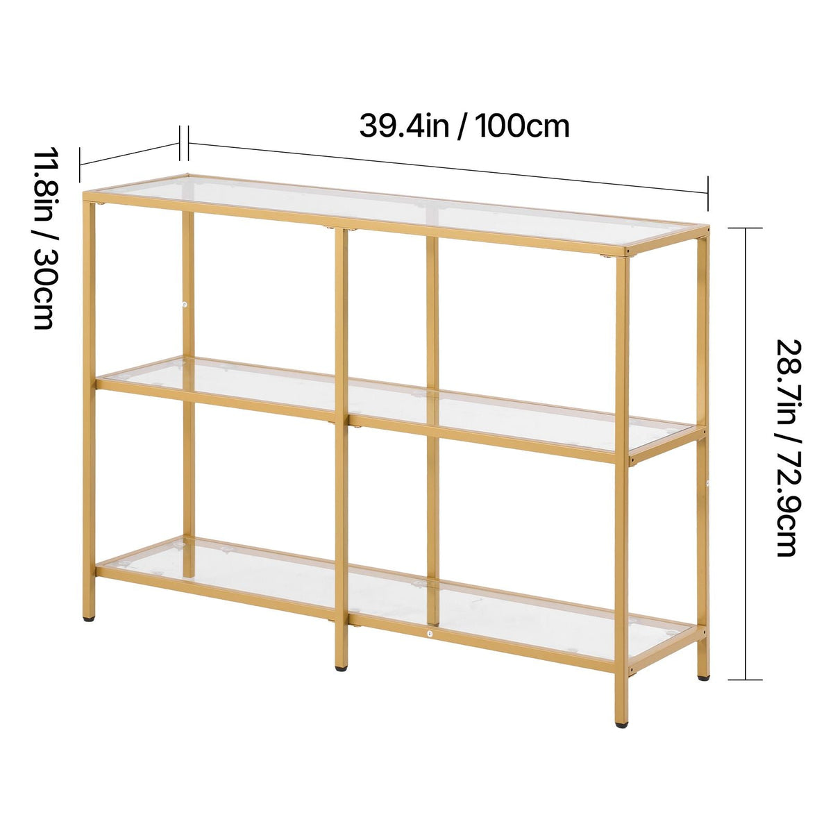3-Tier Glass Console Table, Modern Rectangle Sofa Side Table with Tempered Glass Top and Iron Legs, Golden Consloe Desk with Anti-Tip Device for Living Room, Hallway, Entryway, Foyer, Golden