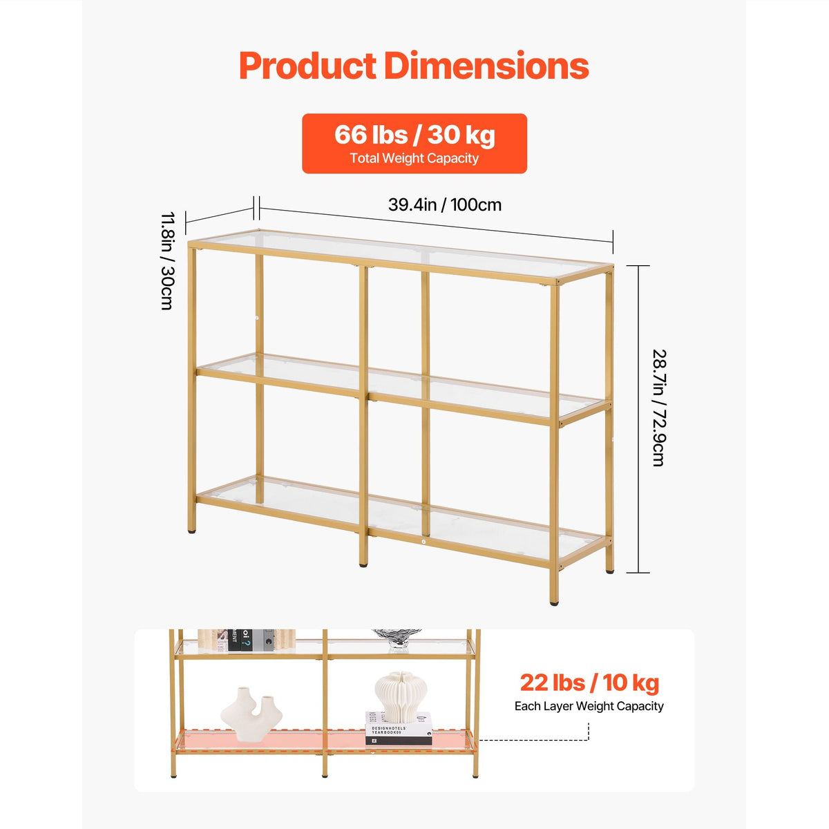 3-Tier Glass Console Table, Modern Rectangle Sofa Side Table with Tempered Glass Top and Iron Legs, Golden Consloe Desk with Anti-Tip Device for Living Room, Hallway, Entryway, Foyer, Golden