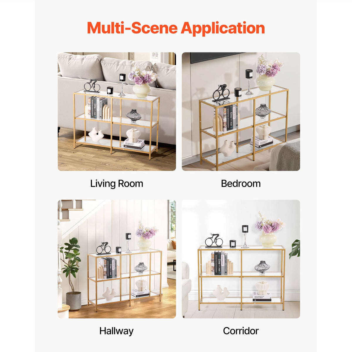 3-Tier Glass Console Table, Modern Rectangle Sofa Side Table with Tempered Glass Top and Iron Legs, Golden Consloe Desk with Anti-Tip Device for Living Room, Hallway, Entryway, Foyer, Golden
