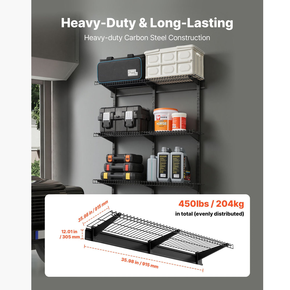 3-Tier Heavy Duty Wall Garage Shelving, 0.9 x 3 ft Steel Wall Mounted Shelving Unit, 11 x 36 Inch Per Shelf Floating Storage Metal Rack for Garage with 450 lbs Total Weight Capacity, Black
