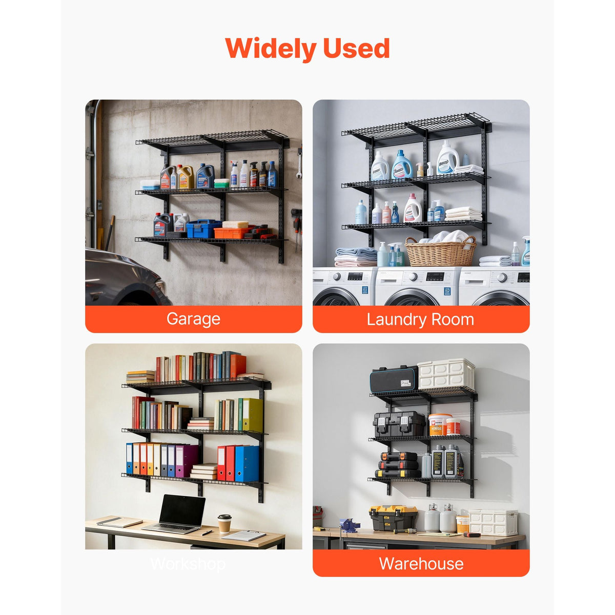 3-Tier Heavy Duty Wall Garage Shelving, 0.9 x 3 ft Steel Wall Mounted Shelving Unit, 11 x 36 Inch Per Shelf Floating Storage Metal Rack for Garage with 450 lbs Total Weight Capacity, Black