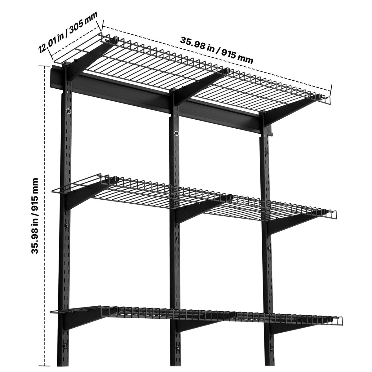 3-Tier Heavy Duty Wall Garage Shelving, 0.9 x 3 ft Steel Wall Mounted Shelving Unit, 11 x 36 Inch Per Shelf Floating Storage Metal Rack for Garage with 450 lbs Total Weight Capacity, Black