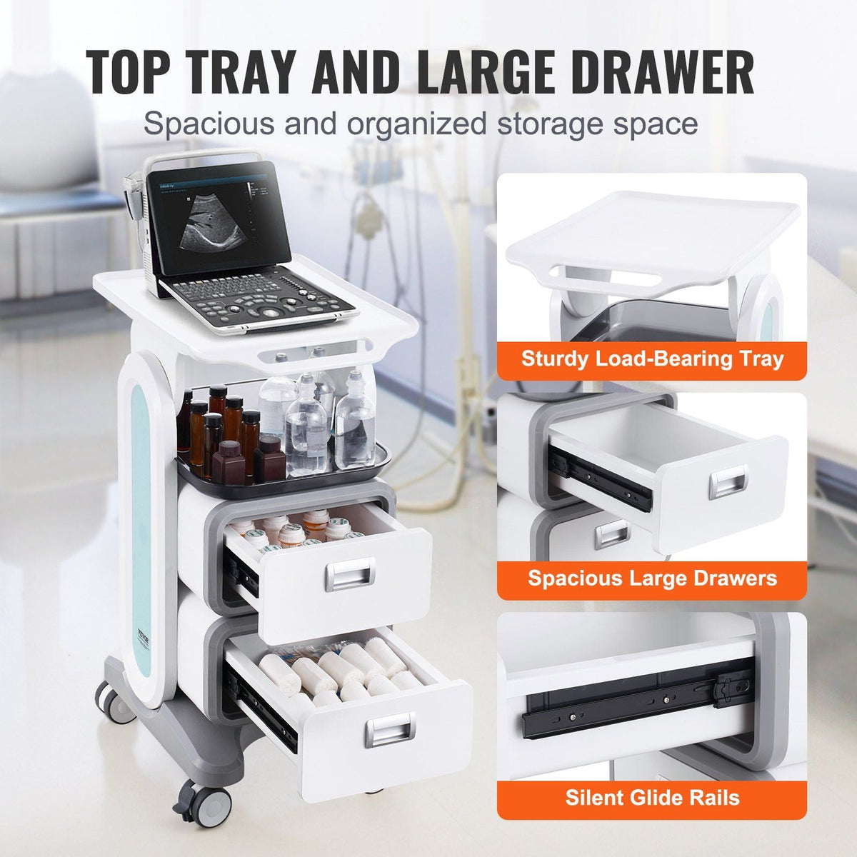 3 Tiers Lab Carts, Lab Utility Cart with 2 Drawers & 1 Top Tray, Mobile Medical Cart with ABS Material, Lab Rolling Cart with 4 Silent Wheels for Lab, Clinic, Hospital, Salon, White
