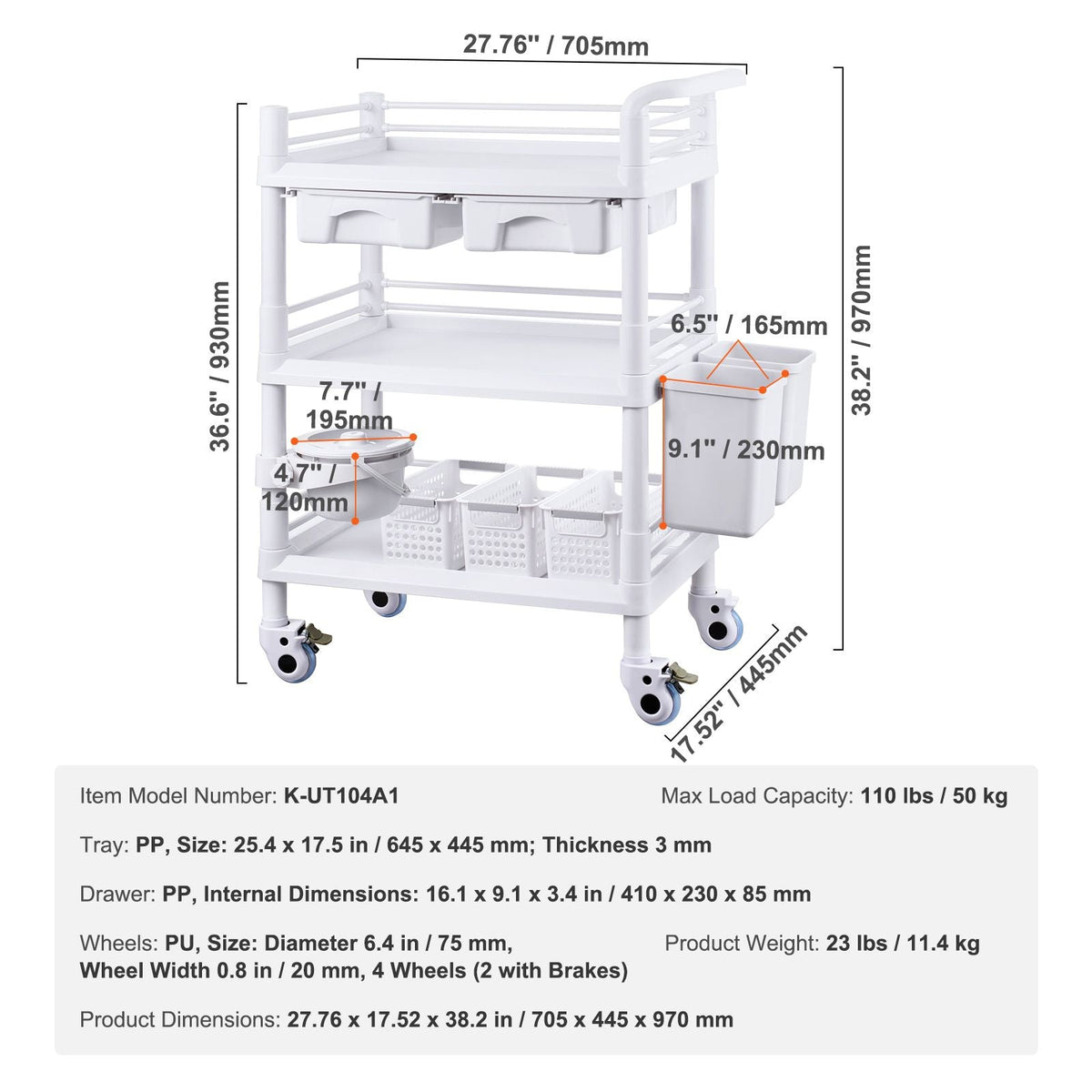 3 Tiers Lab Carts, Lab Utility Cart with 3 Trays & 4 Silent Wheels, Mobile Medical Cart with PP Material, Lab Rolling Cart with 3 Trash Cans for Lab, Clinic, Hospital, Salon, White
