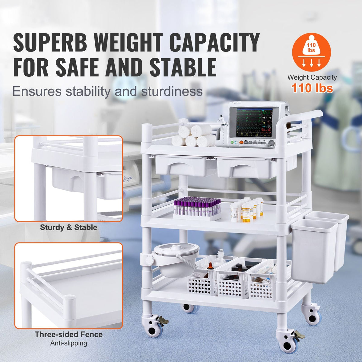 3 Tiers Lab Carts, Lab Utility Cart with 3 Trays & 4 Silent Wheels, Mobile Medical Cart with PP Material, Lab Rolling Cart with 3 Trash Cans for Lab, Clinic, Hospital, Salon, White