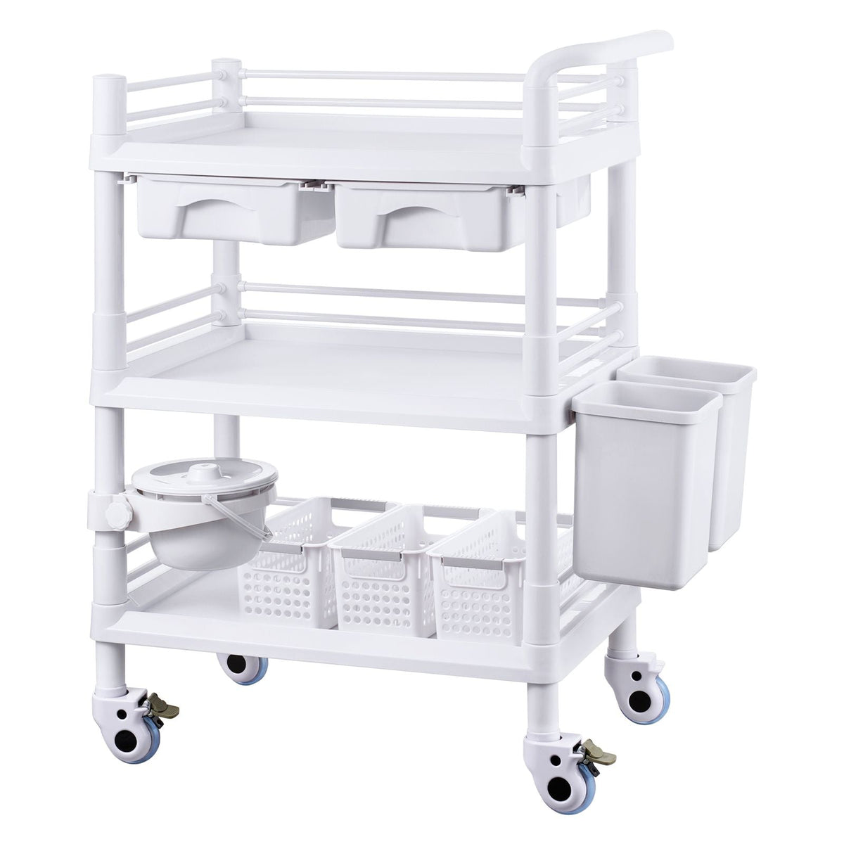 3 Tiers Lab Carts, Lab Utility Cart with 3 Trays & 4 Silent Wheels, Mobile Medical Cart with PP Material, Lab Rolling Cart with 3 Trash Cans for Lab, Clinic, Hospital, Salon, White