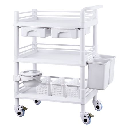 3 Tiers Lab Carts, Lab Utility Cart with 3 Trays & 4 Silent Wheels, Mobile Medical Cart with PP Material, Lab Rolling Cart with 3 Trash Cans for Lab, Clinic, Hospital, Salon, White