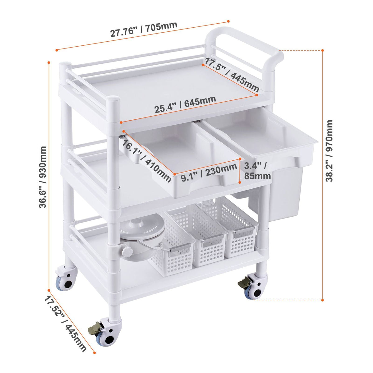 3 Tiers Lab Carts, Lab Utility Cart with 3 Trays & 4 Silent Wheels, Mobile Medical Cart with PP Material, Lab Rolling Cart with 3 Trash Cans for Lab, Clinic, Hospital, Salon, White