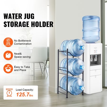 3 Tiers Water Jug Holder, 5 Gallon Water Bottle Holder, Single Row Water Bottle Rack for 3 Bottles, Heavy Duty Water Jug Rack for Kitchen, Office, Living Room, Black