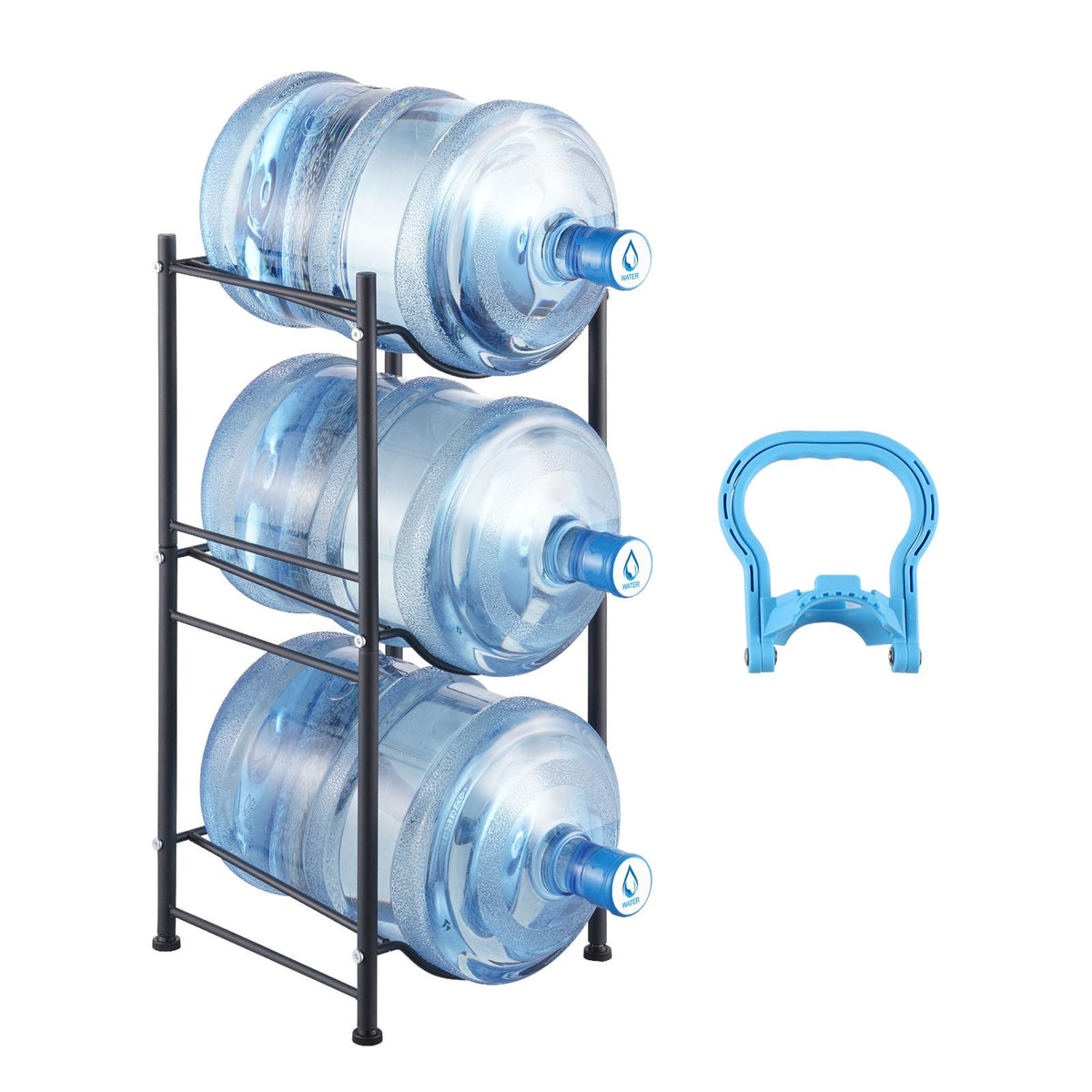 3 Tiers Water Jug Holder, 5 Gallon Water Bottle Holder, Single Row Water Bottle Rack for 3 Bottles, Heavy Duty Water Jug Rack for Kitchen, Office, Living Room, Black