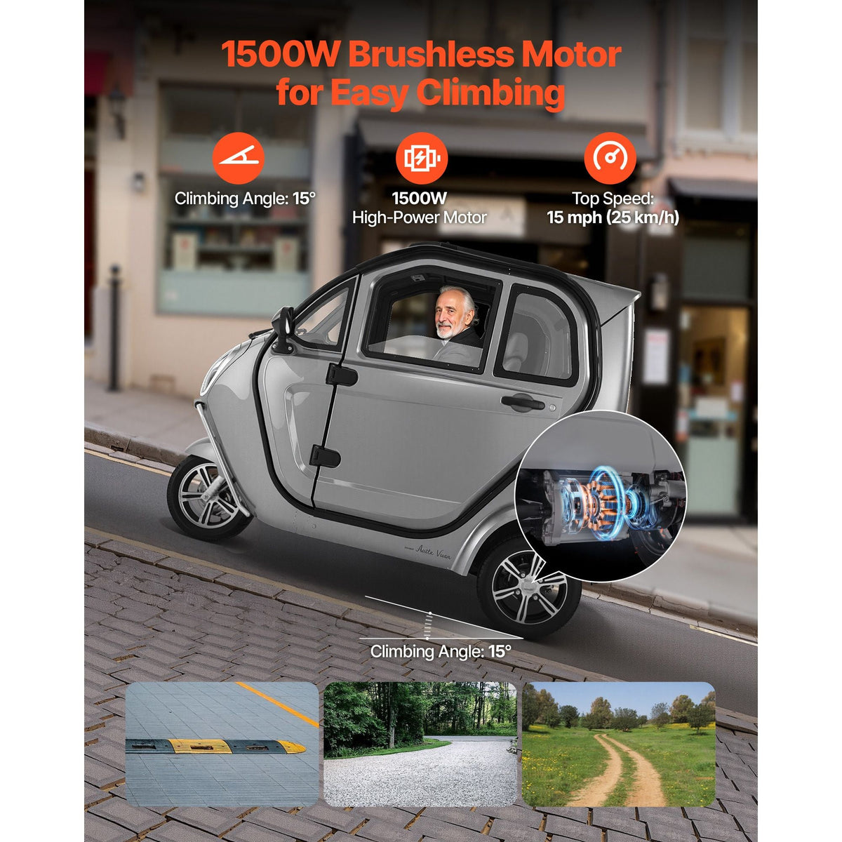 3-Wheel Enclosed Mobility Scooter for Seniors Adults, 650lbs Capacity, 3-Seater 1500W Electric Recreational Mobility Scooter 37 Miles Long Range, Remote Unlock, All-Terrain for Shopping Touring