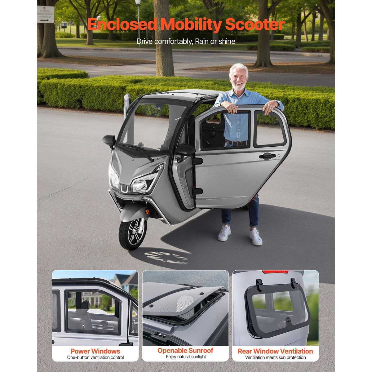 3-Wheel Enclosed Mobility Scooter for Seniors Adults, 650lbs Capacity, 3-Seater 1500W Electric Recreational Mobility Scooter 37 Miles Long Range, Remote Unlock, All-Terrain for Shopping Touring