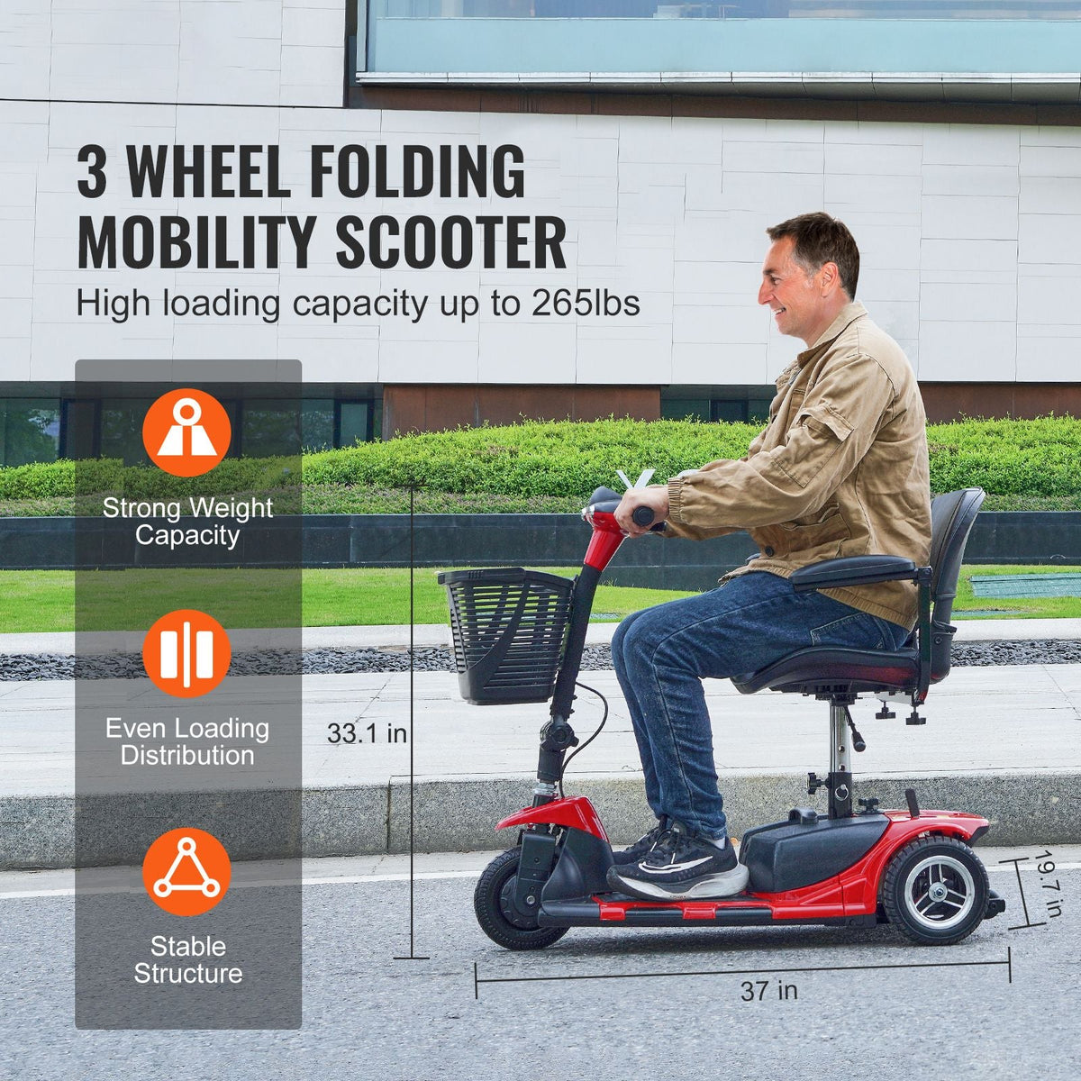 3 Wheel Folding Mobility Scooter for Adults & Seniors, Heavy-Duty Electric Powered Mobility Scooter & 12 Mile Long Range, All Terrain Travel Wheelchair with 9° Climbing Capacity, 265lb Capacity