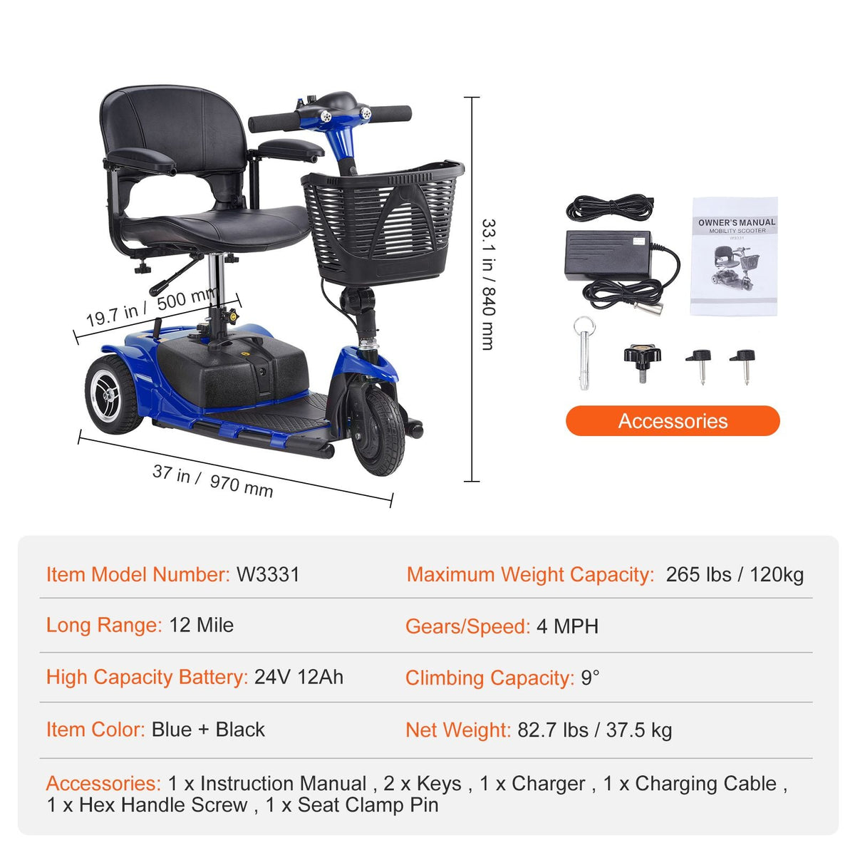 3 Wheel Folding Mobility Scooter for Adults & Seniors, Heavy-Duty Electric Powered Mobility Scooter & 12 Mile Long Range, All Terrain Travel Wheelchair with 9° Climbing Capacity, 265lb Capacity