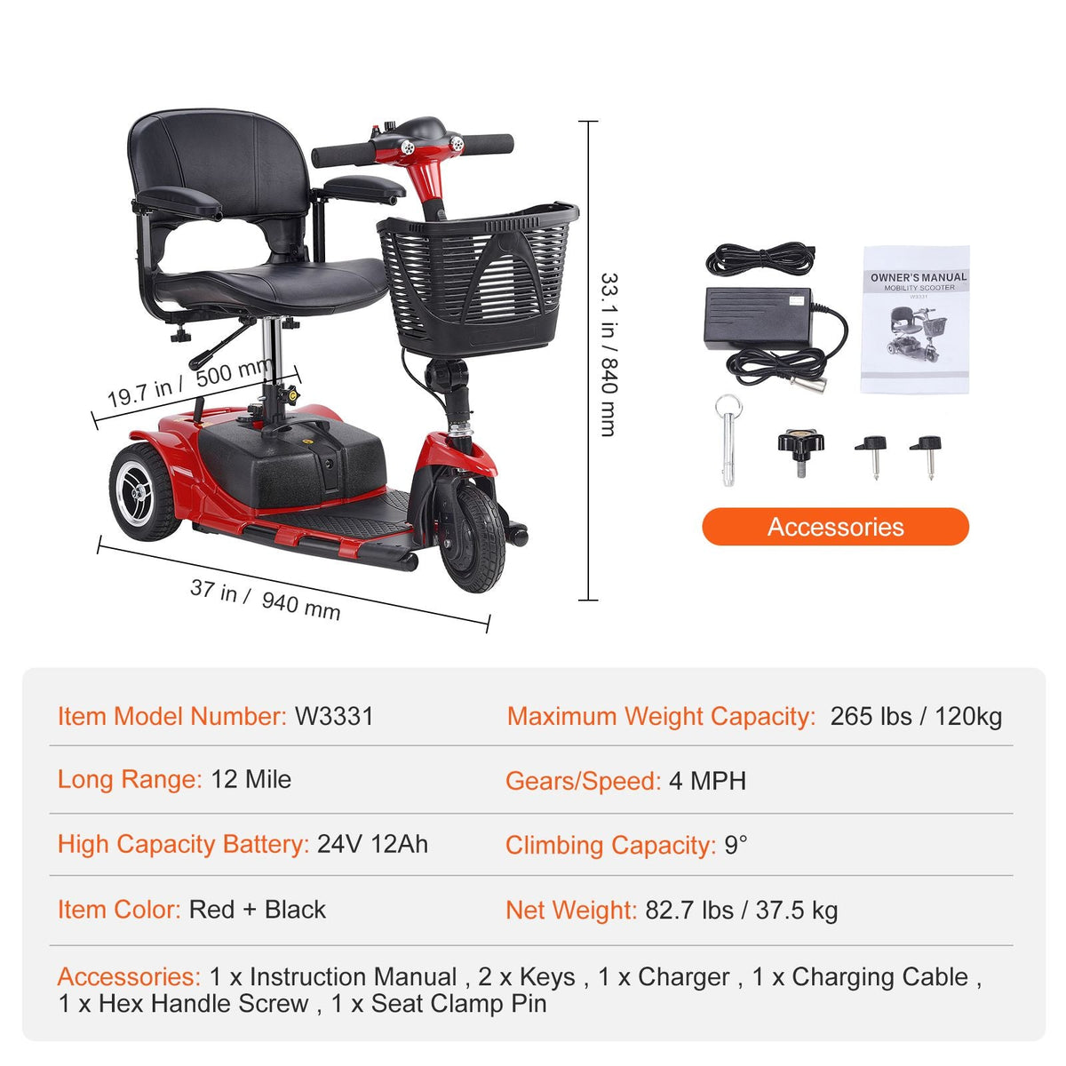 3 Wheel Folding Mobility Scooter for Adults & Seniors, Heavy-Duty Electric Powered Mobility Scooter & 12 Mile Long Range, All Terrain Travel Wheelchair with 9° Climbing Capacity, 265lb Capacity