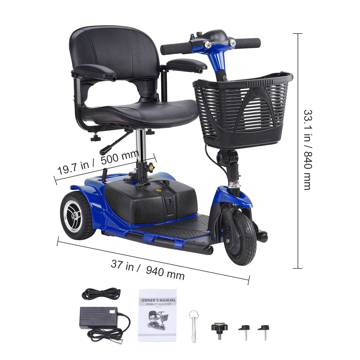 3 Wheel Folding Mobility Scooter for Adults & Seniors, Heavy-Duty Electric Powered Mobility Scooter & 12 Mile Long Range, All Terrain Travel Wheelchair with 9° Climbing Capacity, 265lb Capacity