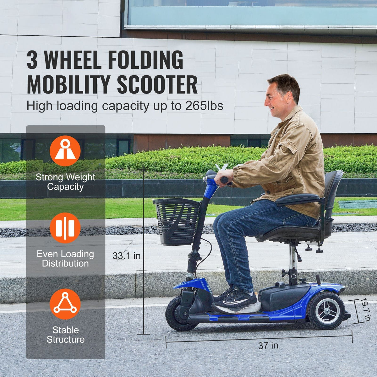 3 Wheel Folding Mobility Scooter for Adults & Seniors, Heavy-Duty Electric Powered Mobility Scooter & 12 Mile Long Range, All Terrain Travel Wheelchair with 9° Climbing Capacity, 265lb Capacity