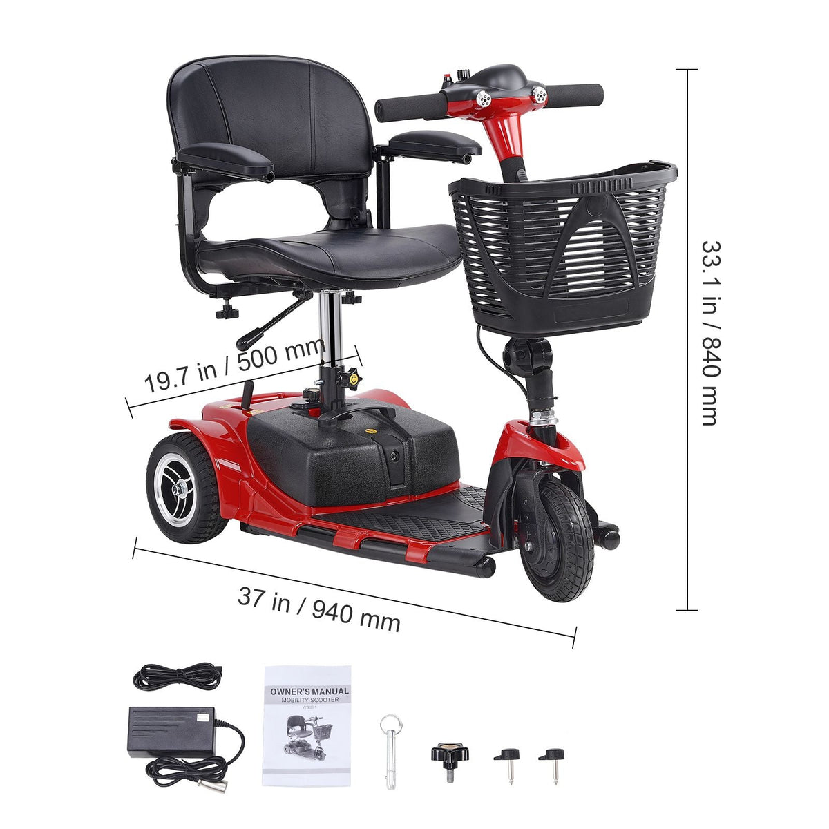 3 Wheel Folding Mobility Scooter for Adults & Seniors, Heavy-Duty Electric Powered Mobility Scooter & 12 Mile Long Range, All Terrain Travel Wheelchair with 9° Climbing Capacity, 265lb Capacity