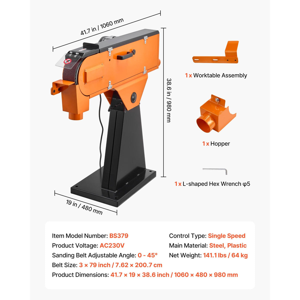 3" x 79" Belt Grinder Sander, 2200W 1000RPM Industrial-Grade Grinding Sanding Machine with 0° - 45° Adjustable Angle & Dust Collection Port for Professional Woodworking Metalworking, 230V
