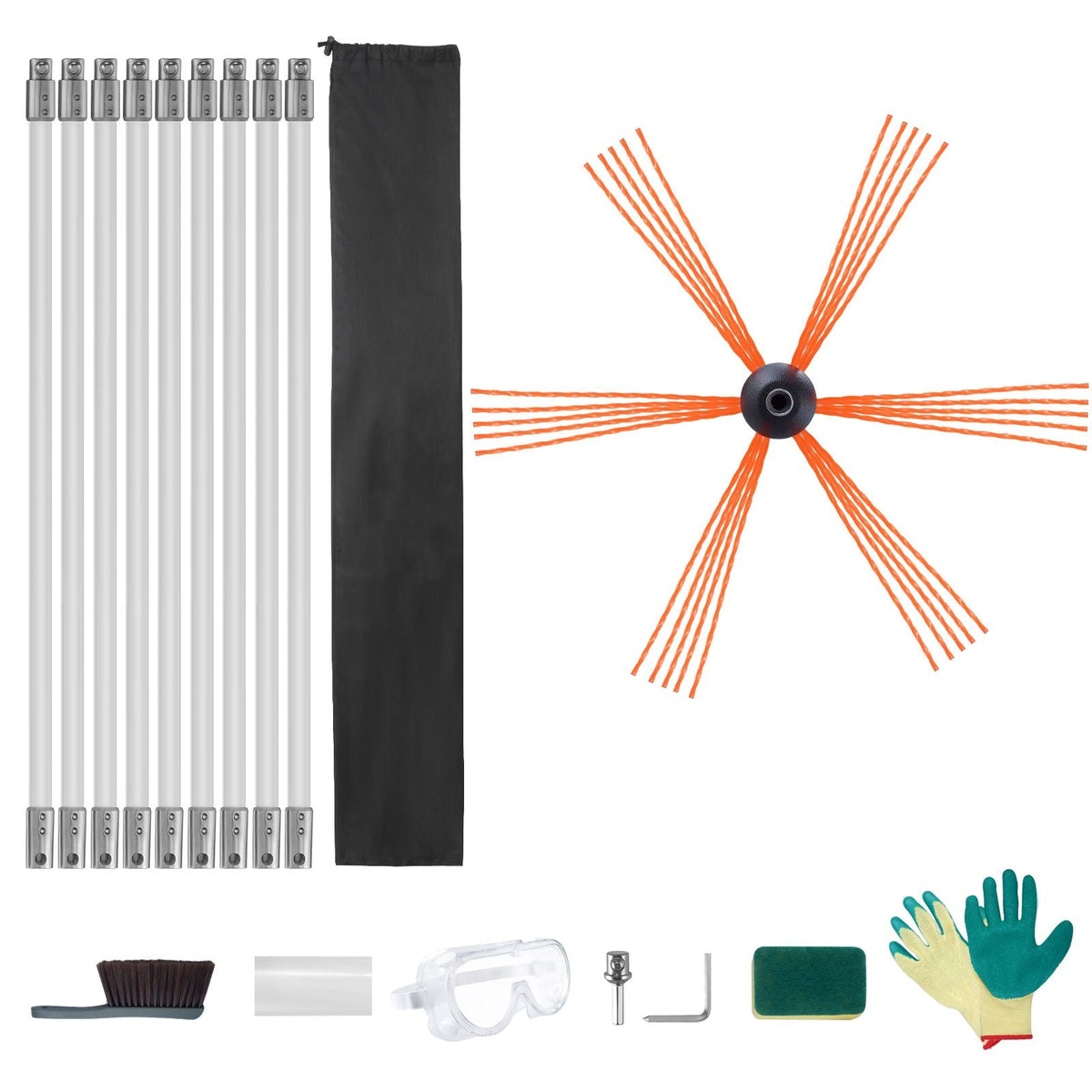 30 Feet Chimney Sweep Kit, w/ 9 Reinforced Nylon Flexible Rods, Ergonomic Chimney Cleaning Brush, 360-Degree Brush Chimney Cleaner, Rich Accessories for Fireplace Flue Home Use Fits most Pipes