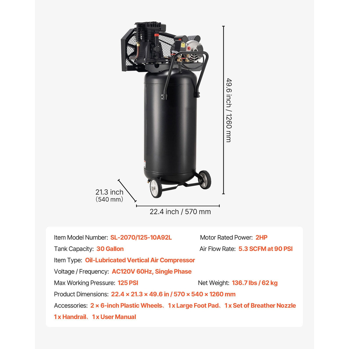 30-Gallon Air Compressor, 2HP 5.3SCFM at 90PSI, Max 125PSI Pressure Oil-Lubricated Air Compressor Tank, Portable on Wheels for Auto Repair, Tire Inflation, Spray Painting, Woodwork Nailing, 120V