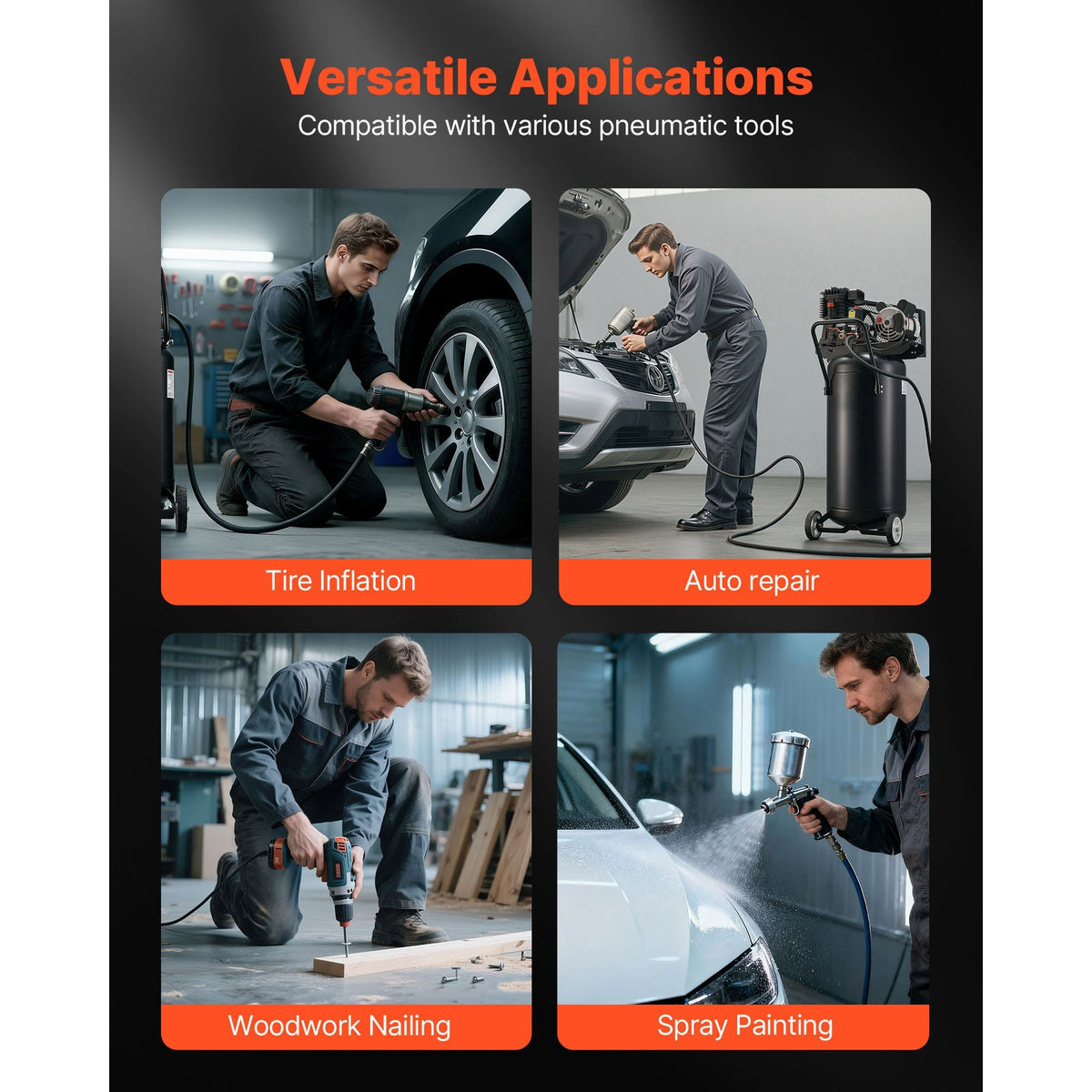 30-Gallon Air Compressor, 2HP 5.3SCFM at 90PSI, Max 125PSI Pressure Oil-Lubricated Air Compressor Tank, Portable on Wheels for Auto Repair, Tire Inflation, Spray Painting, Woodwork Nailing, 120V