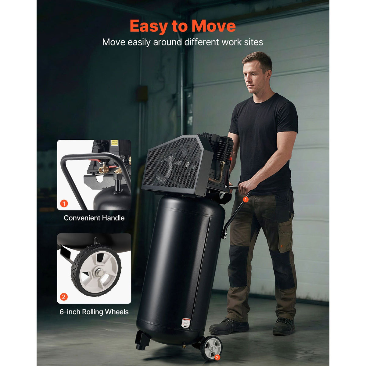 30-Gallon Air Compressor, 2HP 5.3SCFM at 90PSI, Max 125PSI Pressure Oil-Lubricated Air Compressor Tank, Portable on Wheels for Auto Repair, Tire Inflation, Spray Painting, Woodwork Nailing, 120V