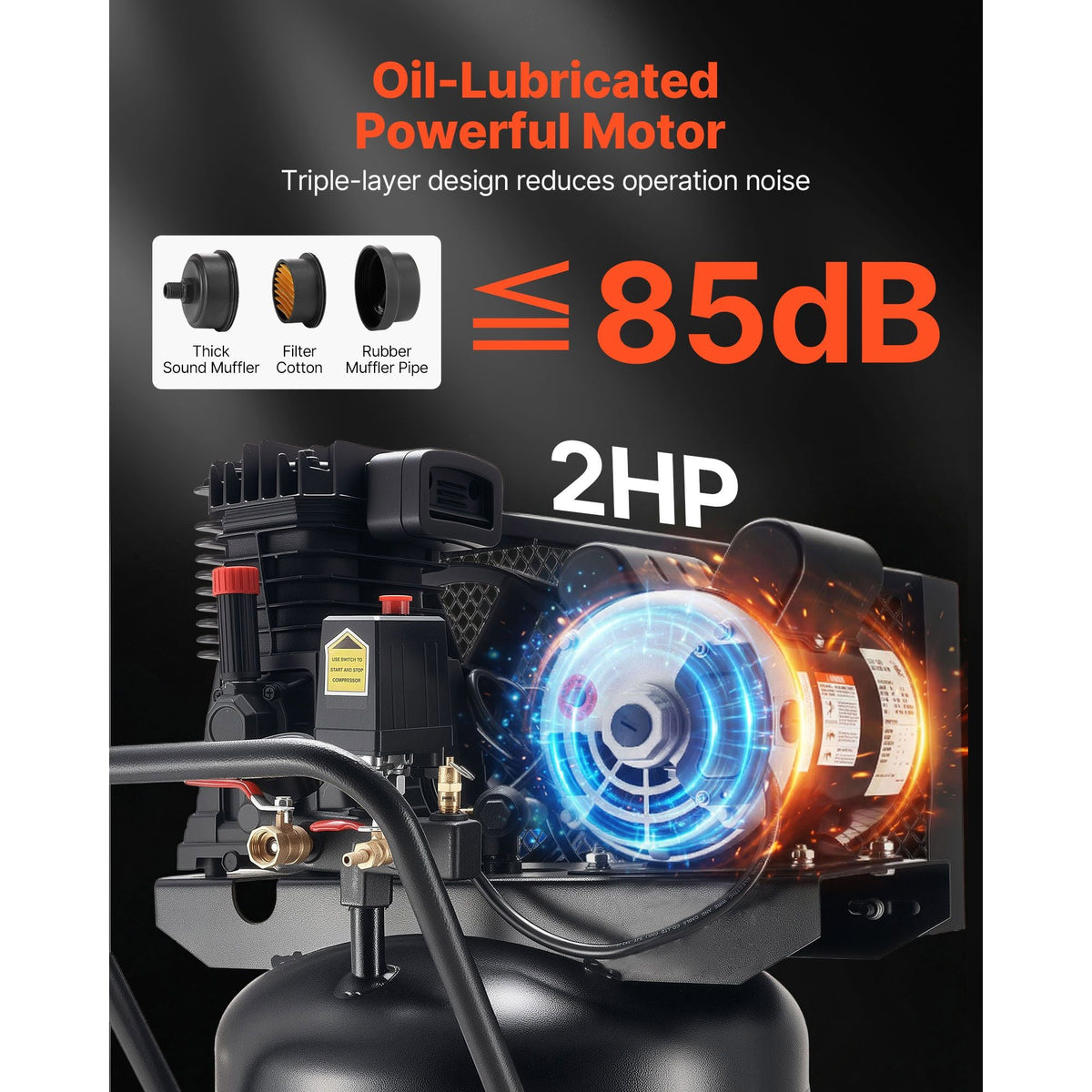 30-Gallon Air Compressor, 2HP 5.3SCFM at 90PSI, Max 125PSI Pressure Oil-Lubricated Air Compressor Tank, Portable on Wheels for Auto Repair, Tire Inflation, Spray Painting, Woodwork Nailing, 120V